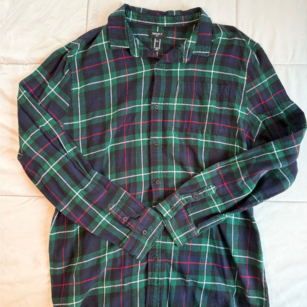 H&M Casual Green and Navy Plaid Shirt